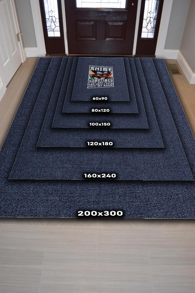 Her Zaman Anime, Anime Temalı Kot Mavisi Anime Halısı, Pamuklu Dokuma Tabanlı Yıkanabilir Oturma Odası Halısı
