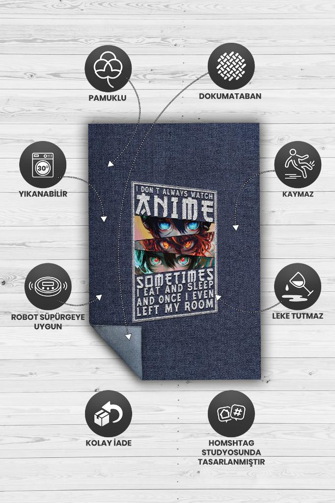 Her Zaman Anime, Anime Temalı Kot Mavisi Anime Halısı, Pamuklu Dokuma Tabanlı Yıkanabilir Oturma Odası Halısı