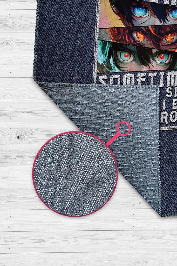 Her Zaman Anime, Anime Temalı Kot Mavisi Anime Halısı, Pamuklu Dokuma Tabanlı Yıkanabilir Oturma Odası Halısı