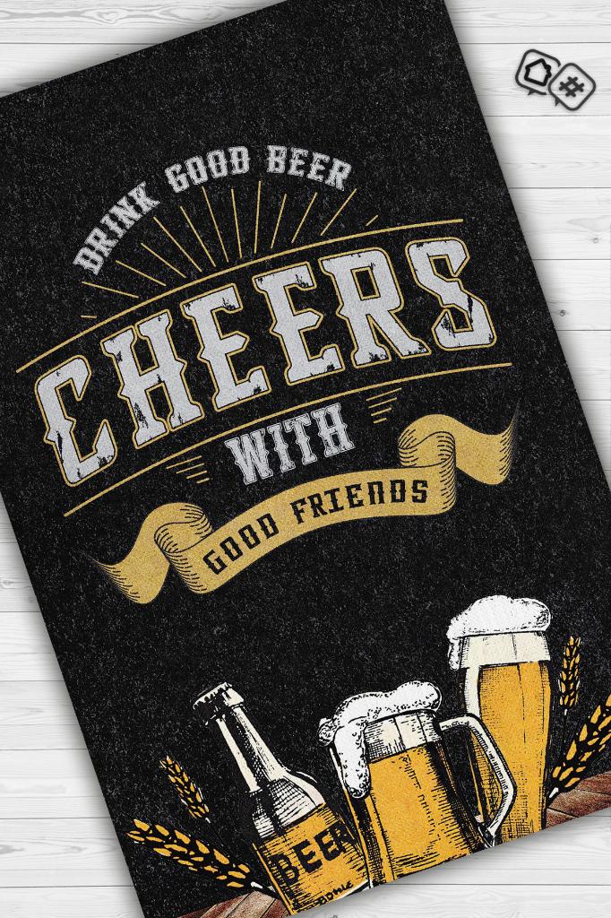 Bira Temalı Orijinal Tasarımlı Party Ve Mutfak Halısı Siyah Dekoratif Dijital Baskı Halı