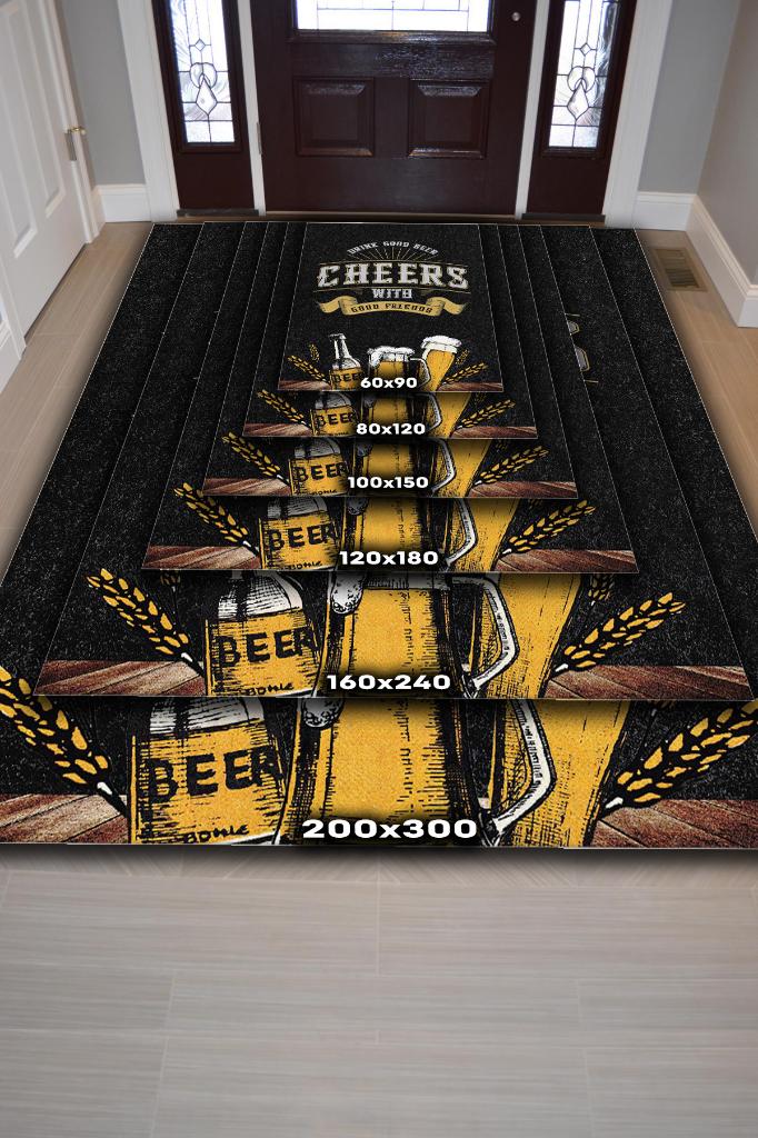 Bira Temalı Orijinal Tasarımlı Party Ve Mutfak Halısı Siyah Dekoratif Dijital Baskı Halı