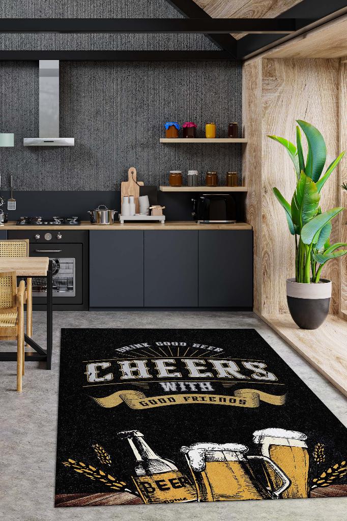 Bira Temalı Orijinal Tasarımlı Party Ve Mutfak Halısı Siyah Dekoratif Dijital Baskı Halı