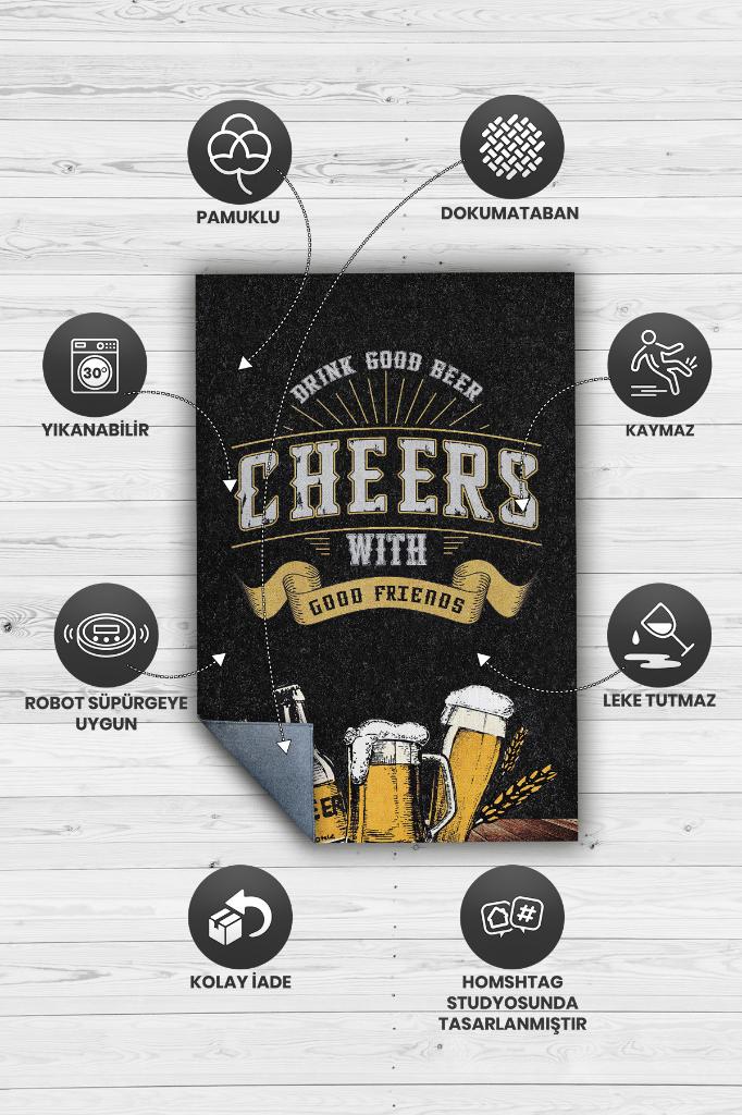 Bira Temalı Orijinal Tasarımlı Party Ve Mutfak Halısı Siyah Dekoratif Dijital Baskı Halı