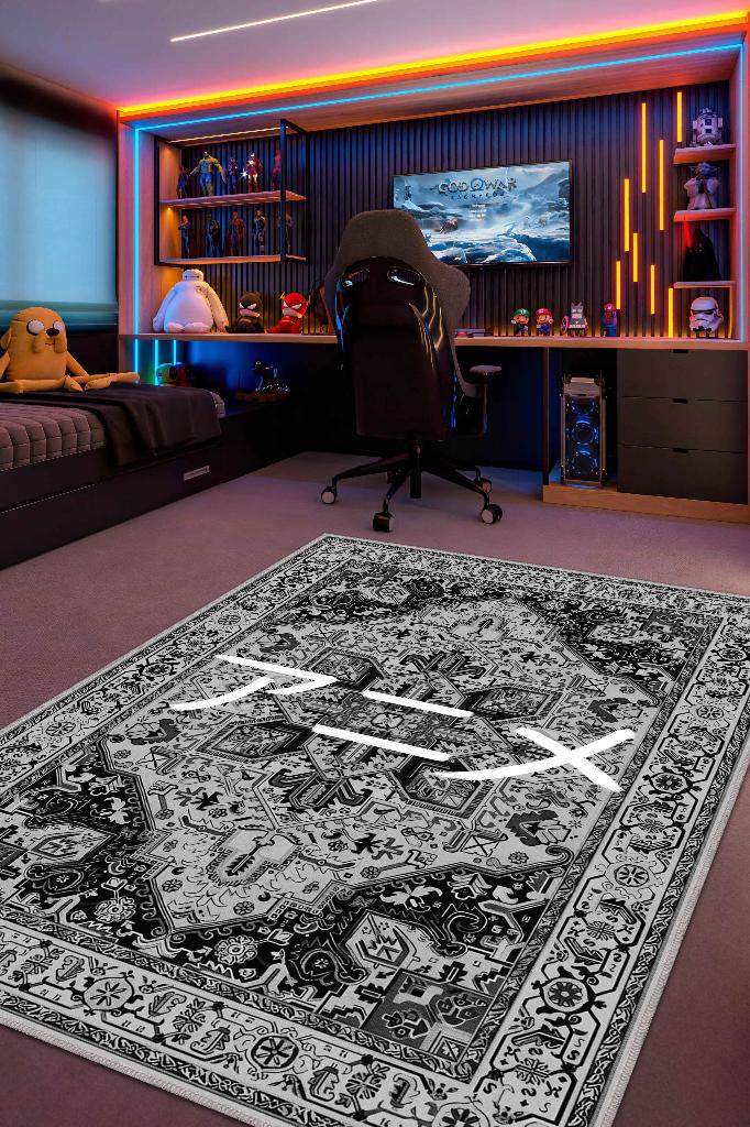 Japonca Anime, Anime Temalı Gri Renk Geleneksel Desenli Anime Halısı Dekoratif Anime Halı