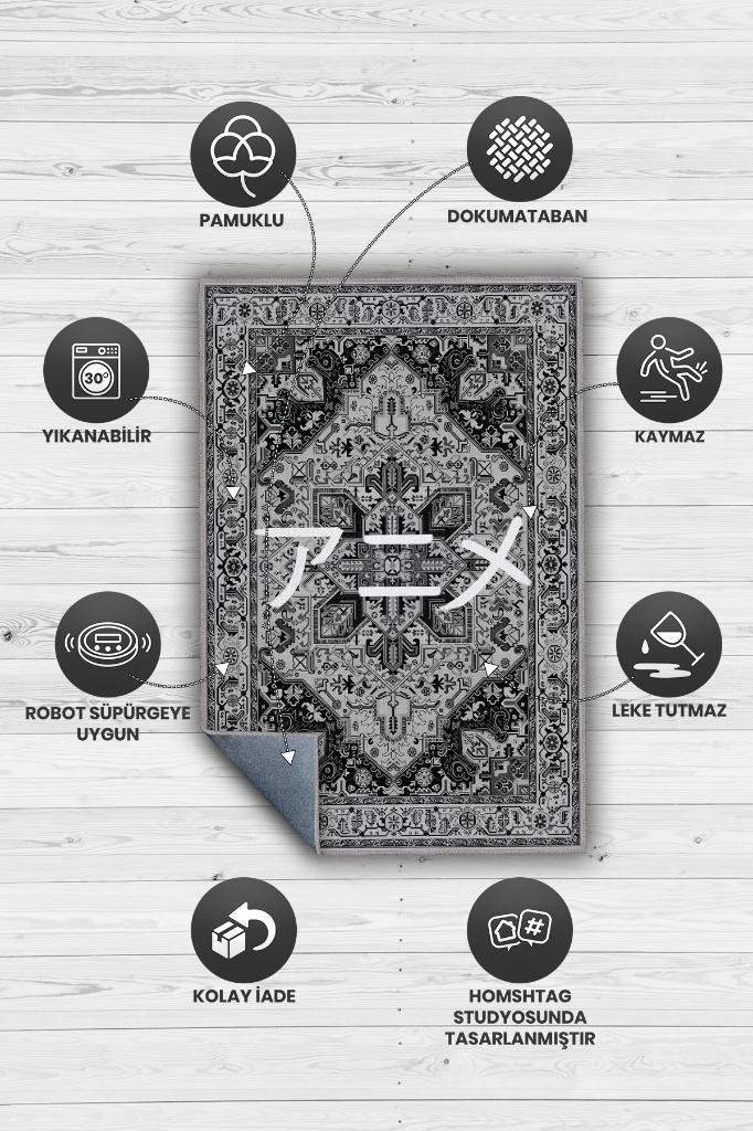 Japonca Anime, Anime Temalı Gri Renk Geleneksel Desenli Anime Halısı Dekoratif Anime Halı