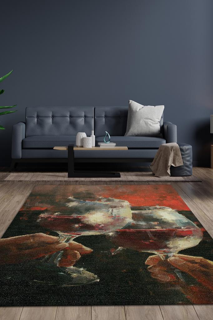 Kadeh Sanatı Koyu Renkli Halı Modern Parti Temalı Halı Dokuma Tabanlı Modern Hediyelik Halı