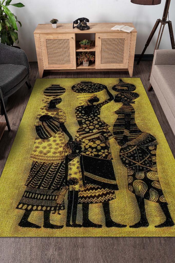 Kahve Gözlüler Minimal Salon Halısı Etnik Desenli Halı Sarı Renkli Oturma Odası Halısı