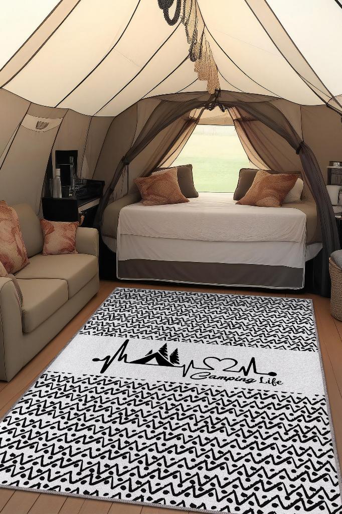 Kamp Hayatı, Karavan Halısı, İskandinav Desenli Kampçı Halısı, Çadır Halısı, Kampçı Halısı, Seyahat Temalı Halı, Pamuklu Dokuma Tabanlı Yıkanabilir Dekoratif Halı