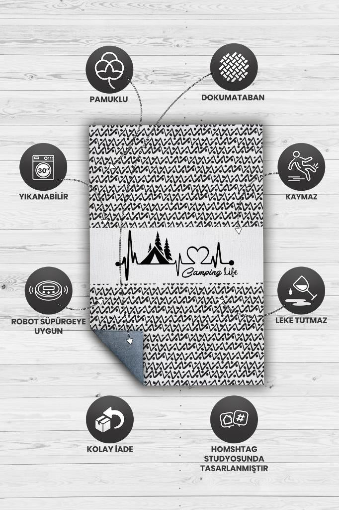 Kamp Hayatı, Karavan Halısı, İskandinav Desenli Kampçı Halısı, Çadır Halısı, Kampçı Halısı, Seyahat Temalı Halı, Pamuklu Dokuma Tabanlı Yıkanabilir Dekoratif Halı