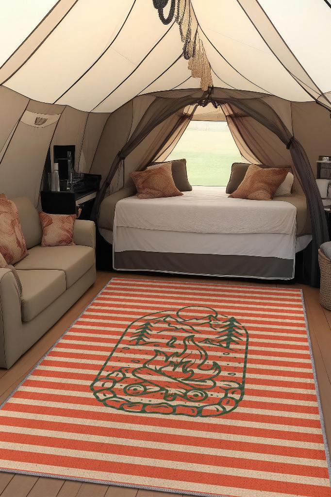 Kampçı, Karavan Halısı, Çizgili Minimalist Halı, Çadır Halısı, Kampçı Halısı, Seyahat Temalı Halı, Pamuklu Dokuma Tabanlı Yıkanabilir Dekoratif Halı