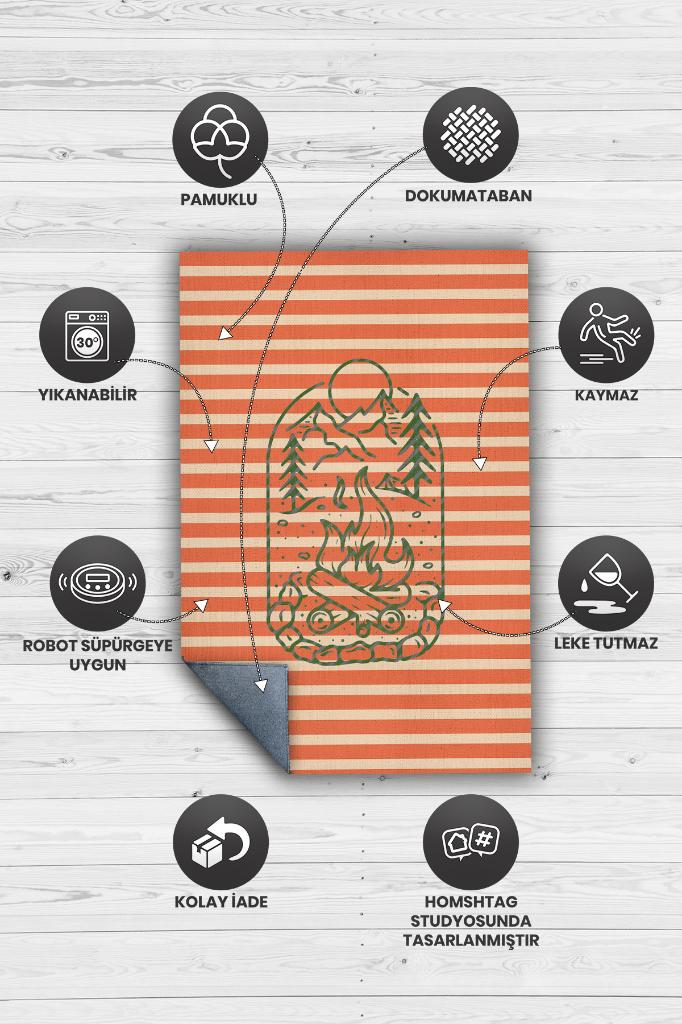 Kampçı, Karavan Halısı, Çizgili Minimalist Halı, Çadır Halısı, Kampçı Halısı, Seyahat Temalı Halı, Pamuklu Dokuma Tabanlı Yıkanabilir Dekoratif Halı