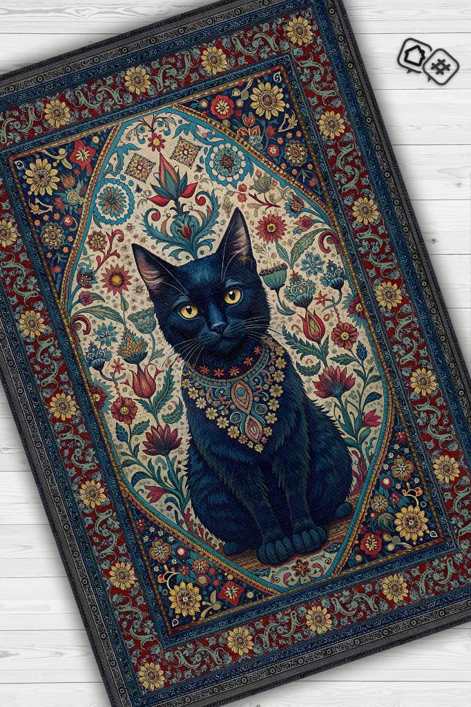 Kara Kedi Figürlü Korku Temalı Salon Halı Koyu Renkli Halı Gotik Korku Sanatı Konsept Halı