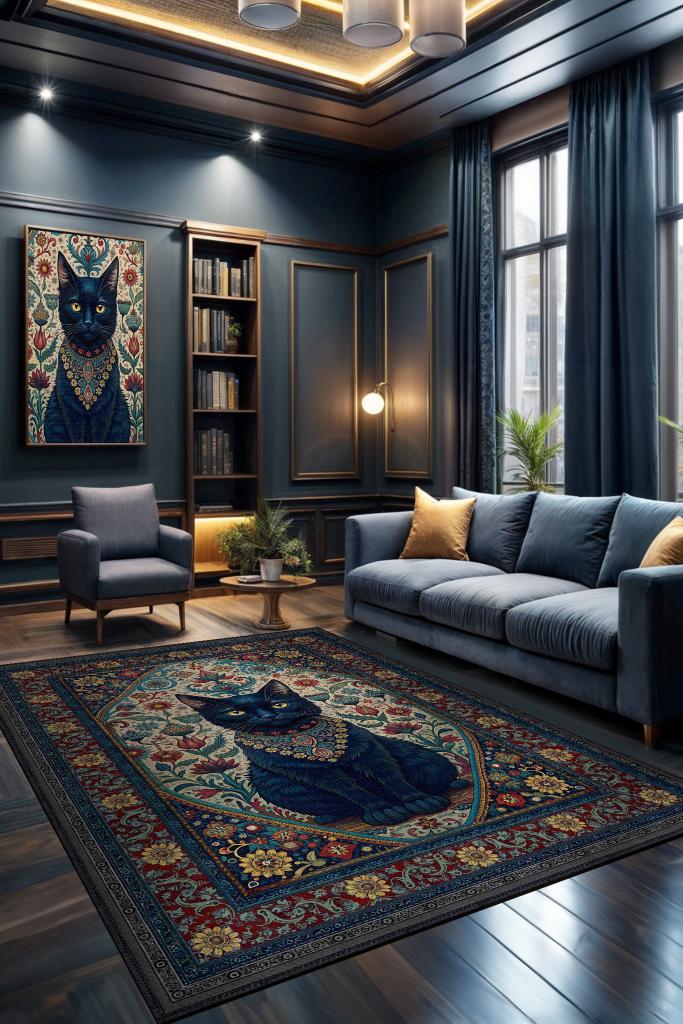 Kara Kedi Figürlü Korku Temalı Salon Halı Koyu Renkli Halı Gotik Korku Sanatı Konsept Halı