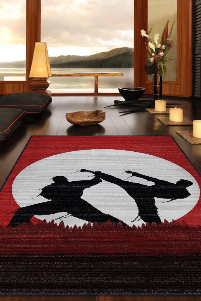 Karete Desenli Halı Kırmızı Siyah Renkli Halı Uzakdoğu Spor Hediyelik Halı Spor Sever Halı
