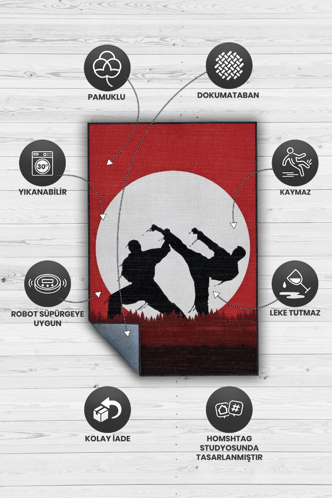 Karete Desenli Halı Kırmızı Siyah Renkli Halı Uzakdoğu Spor Hediyelik Halı Spor Sever Halı