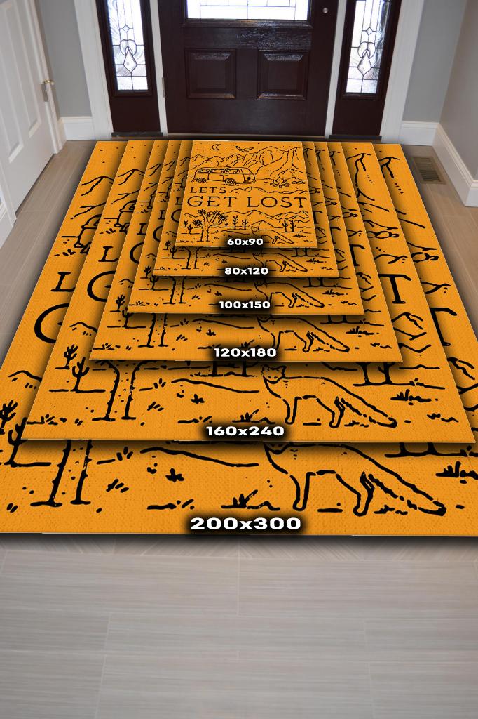 Kaybolalım, Karavan Halısı, Seyahat Temalı Sarı Halı, Çadır Halısı, Kampçı Halısı, Seyahat Temalı Halı, Pamuklu Dokuma Tabanlı Yıkanabilir Dekoratif Halı