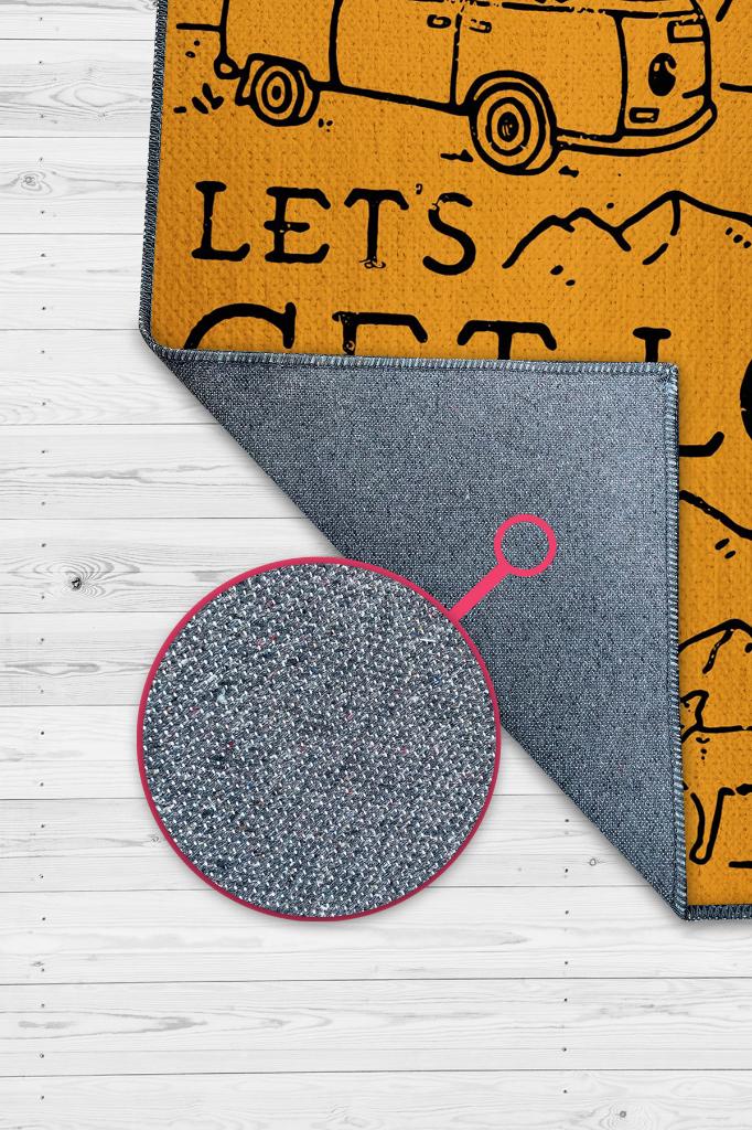 Kaybolalım, Karavan Halısı, Seyahat Temalı Sarı Halı, Çadır Halısı, Kampçı Halısı, Seyahat Temalı Halı, Pamuklu Dokuma Tabanlı Yıkanabilir Dekoratif Halı