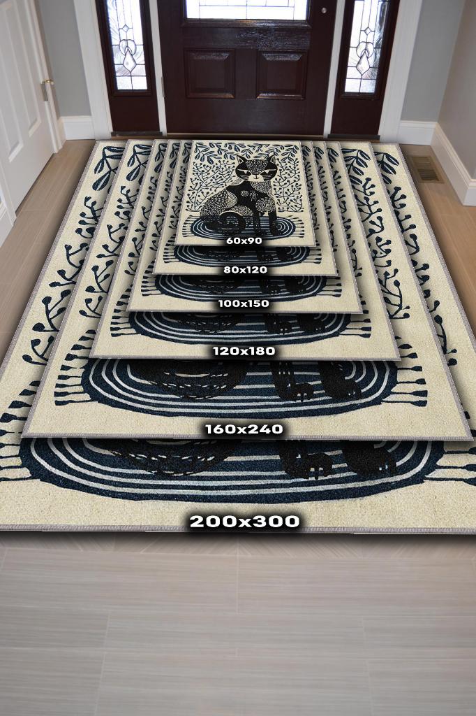 Kedi Sanatı, Mavi Renkli Kedi Desenli,İskandinav ,Pamuklu Dokuma Tabanlı Yıkanabilir Bej Kedi Sever Halısı