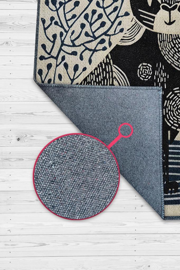 Kedi Sanatı, Mavi Renkli Kedi Desenli,İskandinav ,Pamuklu Dokuma Tabanlı Yıkanabilir Bej Kedi Sever Halısı