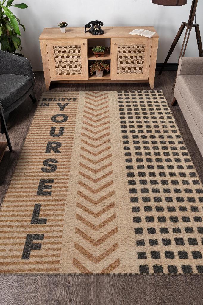 Kendine İnan Krem Bej Renkli Halı Geometrik Oturma Odası Halısı Minimal Salon Halı