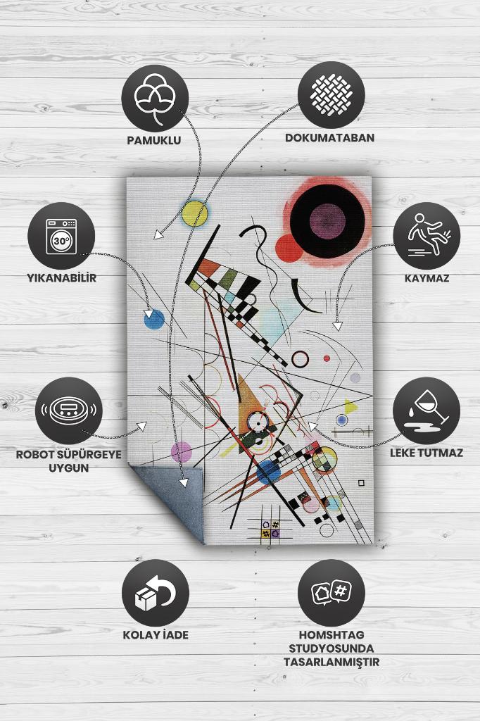 Kompozisyon, Kandinsky Sanat Halısı, Geometrik Oturma Odası Halısı, Modern Oturma Odası Halısı, Sanat Atölyesi Halısı, Sanatseverler İçin, Pamuklu Dokuma Tabanlı Yıkanabilir Salon Halısı