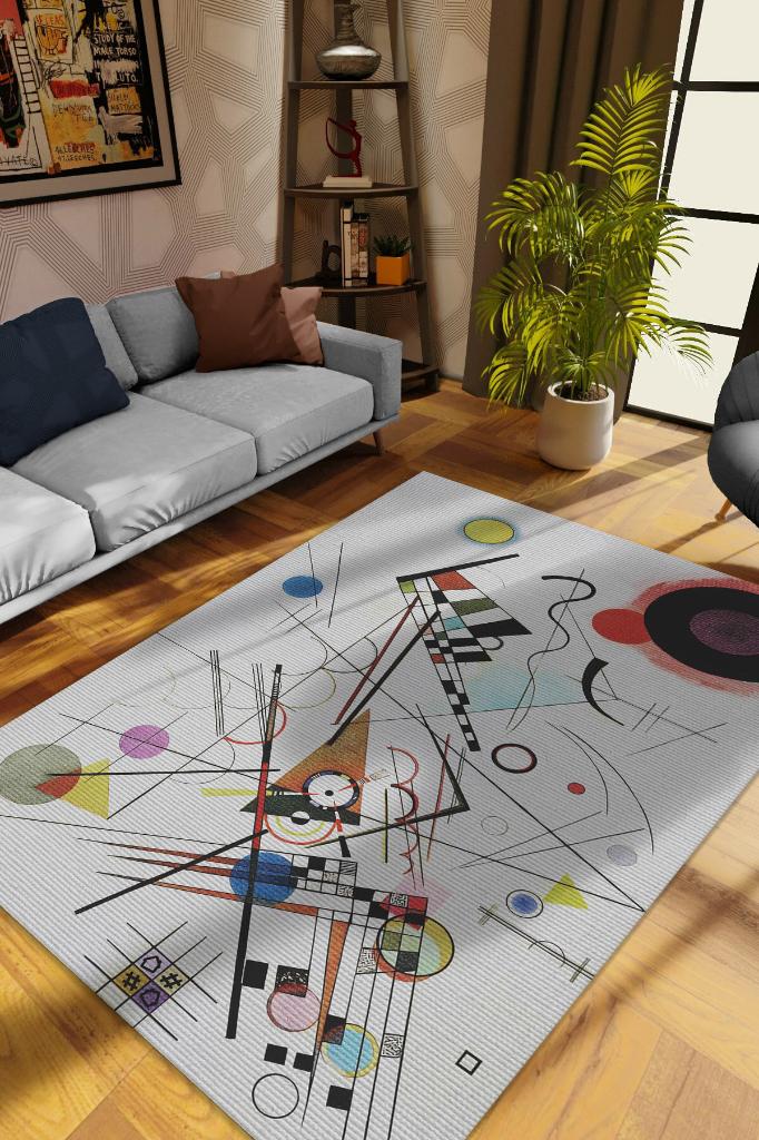 Kompozisyon, Kandinsky Sanat Halısı, Geometrik Oturma Odası Halısı, Modern Oturma Odası Halısı, Sanat Atölyesi Halısı, Sanatseverler İçin, Pamuklu Dokuma Tabanlı Yıkanabilir Salon Halısı