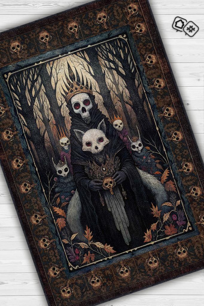 Korku Temalı Halı Kurukafa Figürlü Salon Halı Koyu Renk Halı Gotik Korku Sanatı Halısı