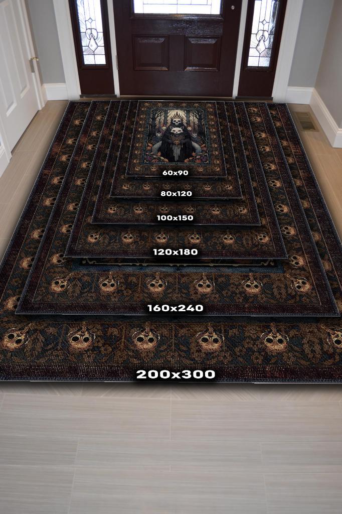 Korku Temalı Halı Kurukafa Figürlü Salon Halı Koyu Renk Halı Gotik Korku Sanatı Halısı