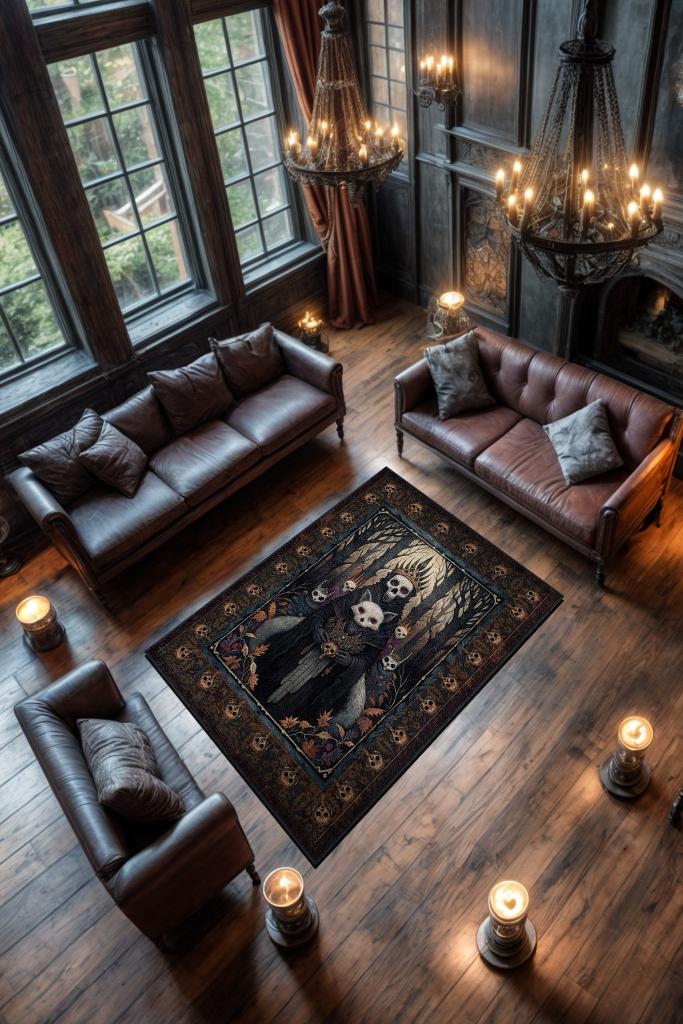 Korku Temalı Halı Kurukafa Figürlü Salon Halı Koyu Renk Halı Gotik Korku Sanatı Halısı