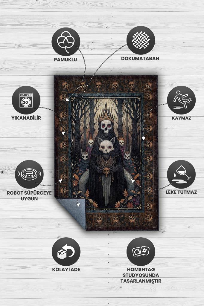 Korku Temalı Halı Kurukafa Figürlü Salon Halı Koyu Renk Halı Gotik Korku Sanatı Halısı