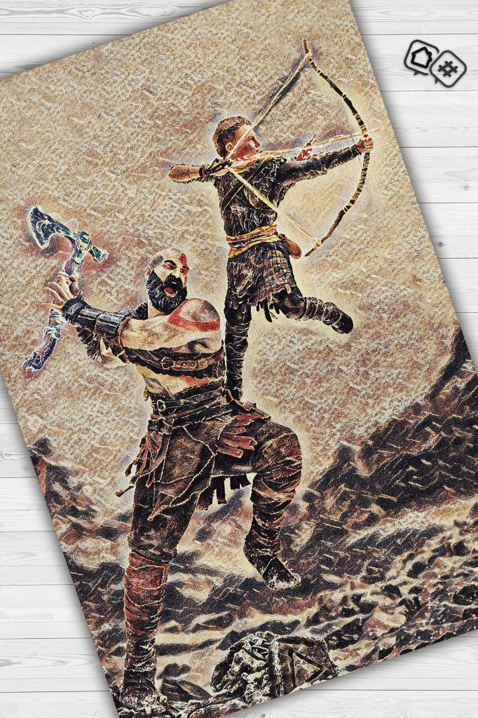 Kratos ile Atreus Çok Renkli Oyuncu Halısı Zemin Bej Gamer Temalı God Of War Sever Halısı
