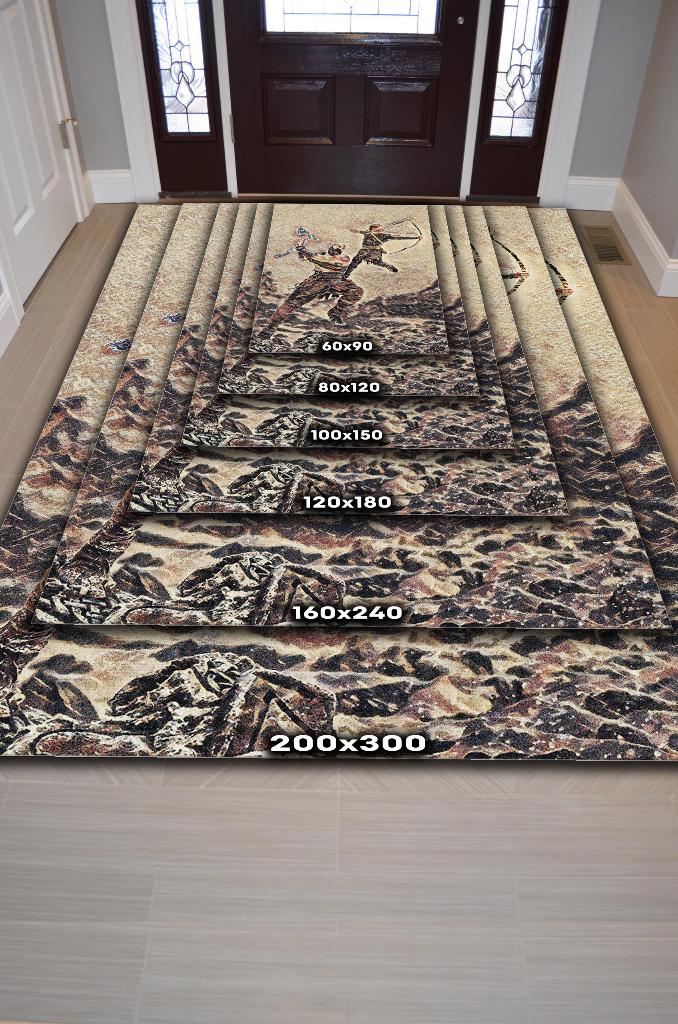 Kratos ile Atreus Çok Renkli Oyuncu Halısı Zemin Bej Gamer Temalı God Of War Sever Halısı