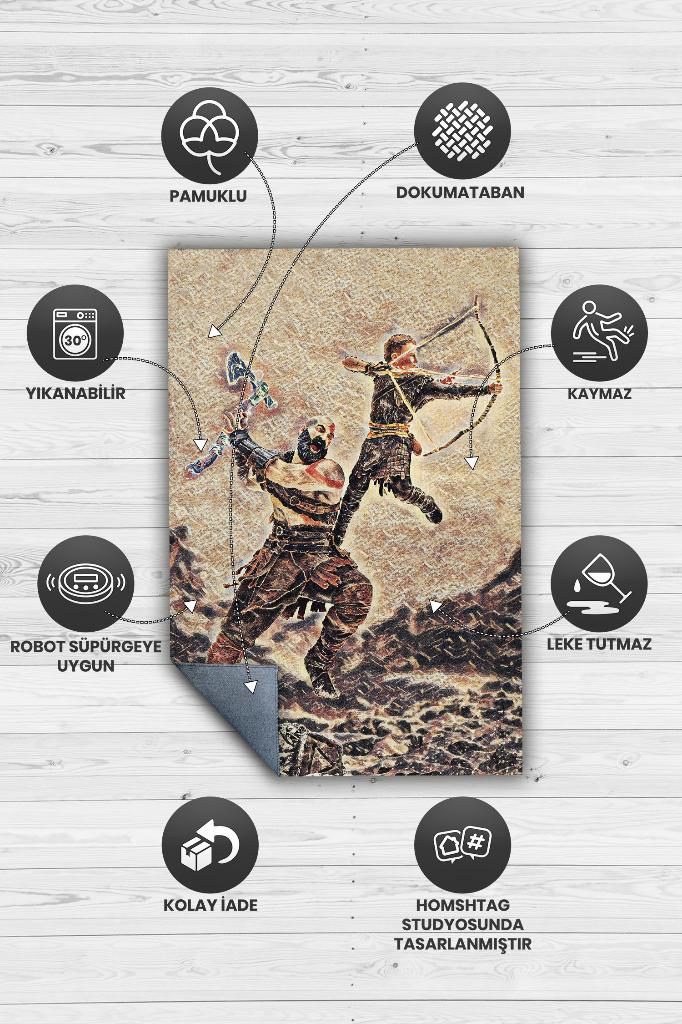 Kratos ile Atreus Çok Renkli Oyuncu Halısı Zemin Bej Gamer Temalı God Of War Sever Halısı