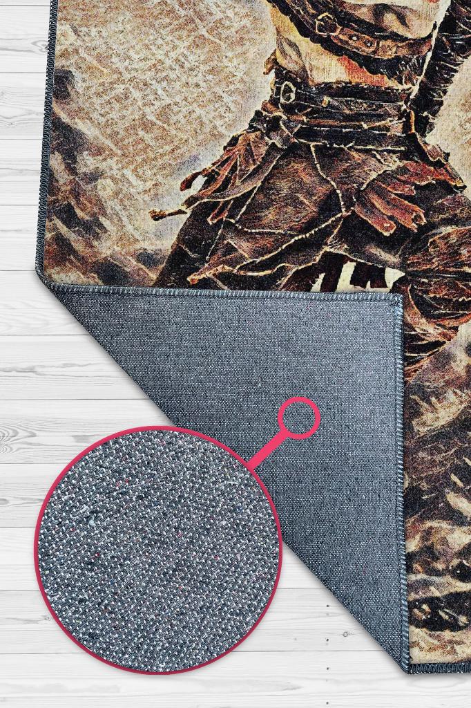 Kratos ile Atreus Çok Renkli Oyuncu Halısı Zemin Bej Gamer Temalı God Of War Sever Halısı