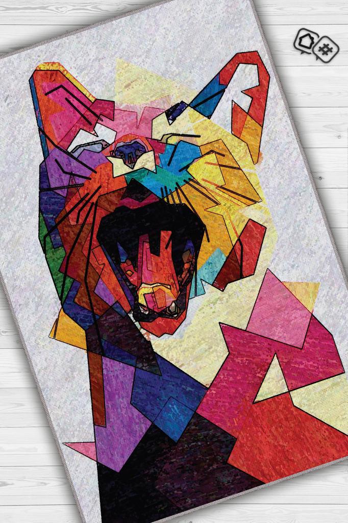 Kübist Kedi,Renkli Prizma Desenli Salon Halısı,Pamuklu Dokuma Tabanlı Yıkanabilir Modern Kedi Sever Halısı