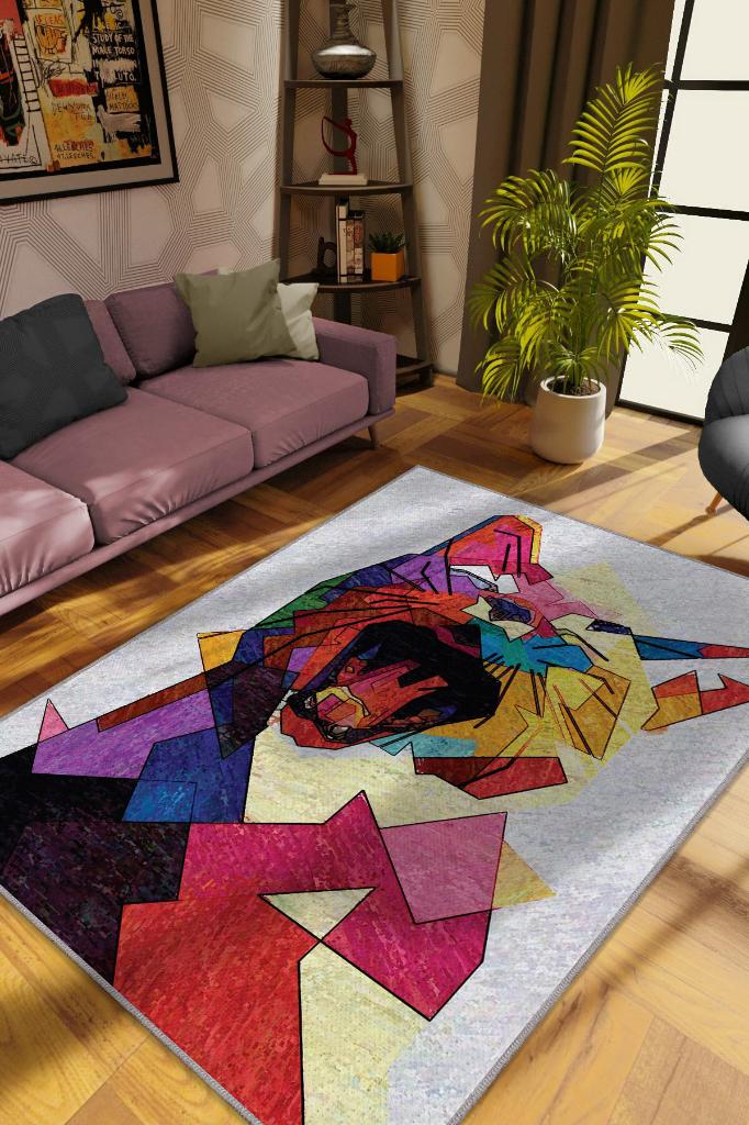 Kübist Kedi,Renkli Prizma Desenli Salon Halısı,Pamuklu Dokuma Tabanlı Yıkanabilir Modern Kedi Sever Halısı