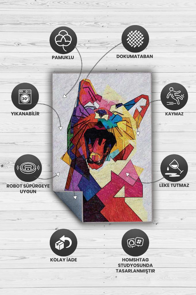 Kübist Kedi,Renkli Prizma Desenli Salon Halısı,Pamuklu Dokuma Tabanlı Yıkanabilir Modern Kedi Sever Halısı