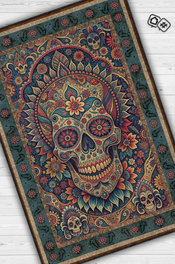 Kuru Kafa Figürlü Korku Kurukafalı Salon Halısı Koyu Renkli Oturma Odası Halı Konsept Halı