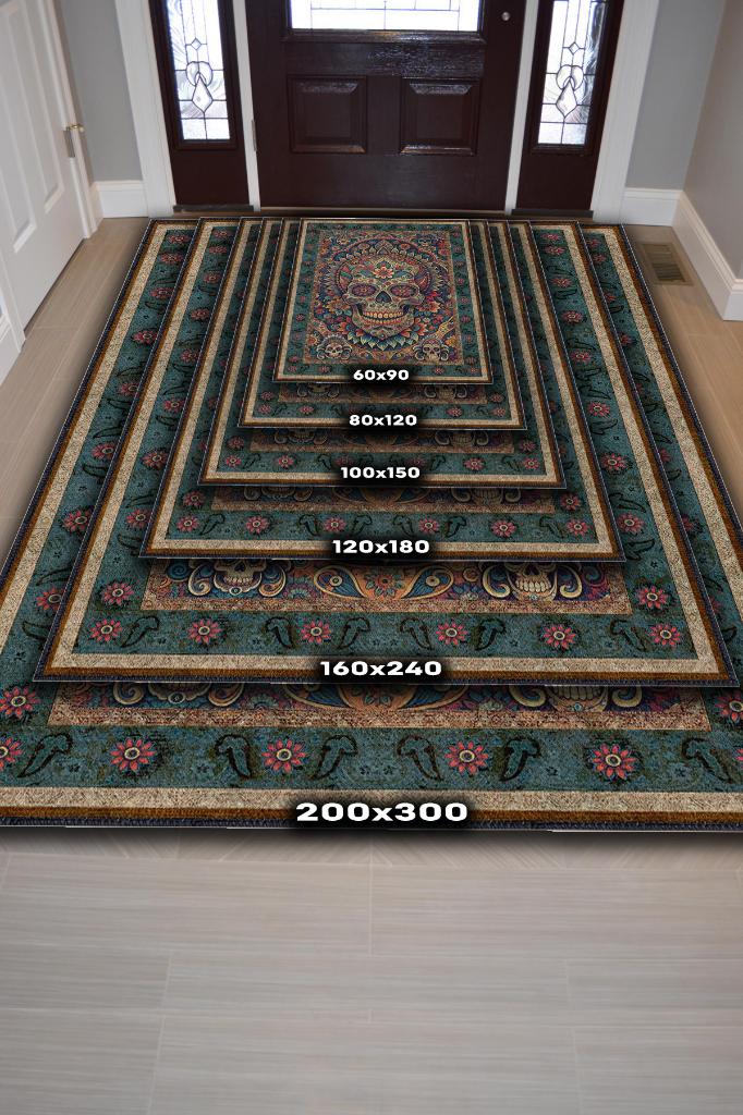 Kuru Kafa Figürlü Korku Kurukafalı Salon Halısı Koyu Renkli Oturma Odası Halı Konsept Halı