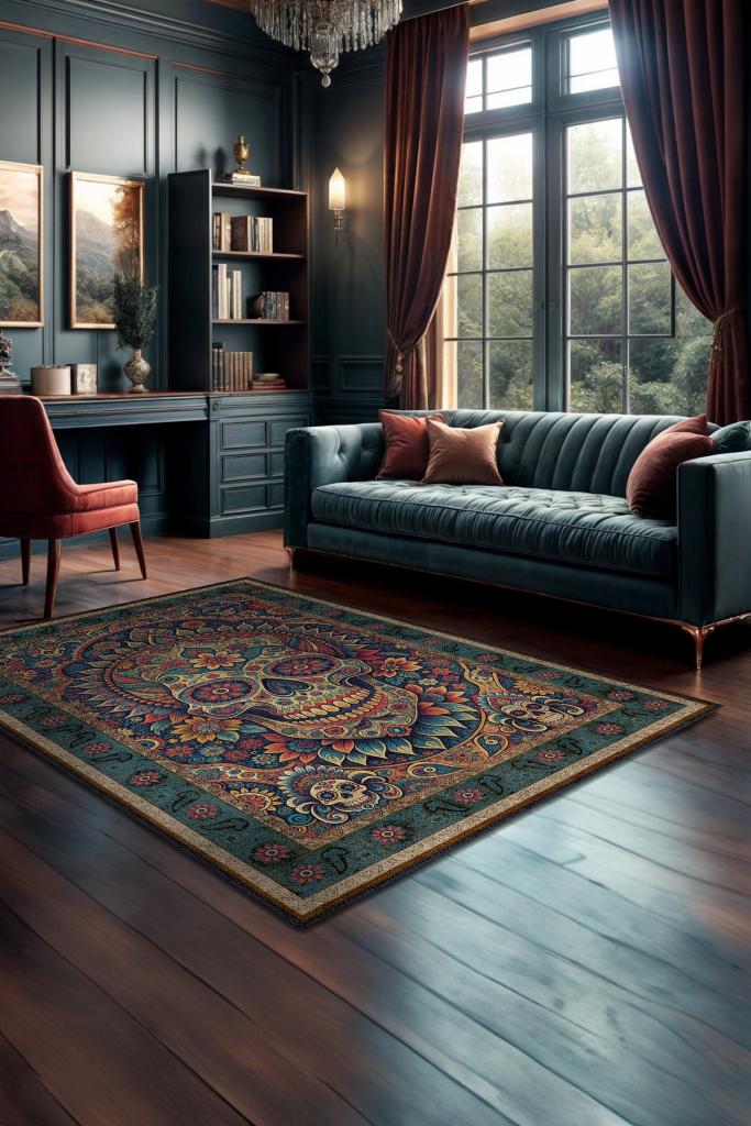 Kuru Kafa Figürlü Korku Kurukafalı Salon Halısı Koyu Renkli Oturma Odası Halı Konsept Halı