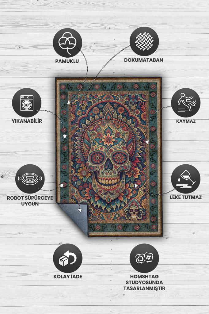 Kuru Kafa Figürlü Korku Kurukafalı Salon Halısı Koyu Renkli Oturma Odası Halı Konsept Halı