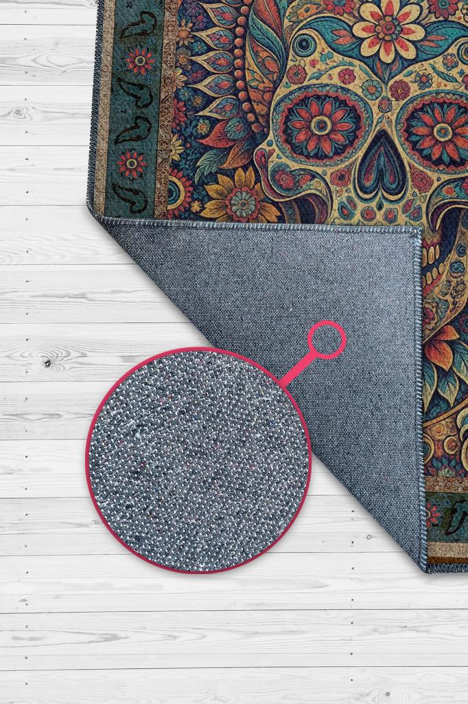 Kuru Kafa Figürlü Korku Kurukafalı Salon Halısı Koyu Renkli Oturma Odası Halı Konsept Halı