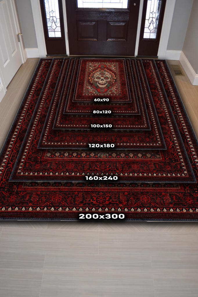 Kuru Kafa Figürlü Korku Temalı Salon Halısı Gotik Çok Renkli Oturma Odası Halı Konsept Halı