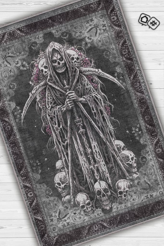 KuruKafa Figürlü Korku Temalı Salon Halı Siyah Gri Renk Halı Gotik Korku Sanatı Konsept Halı