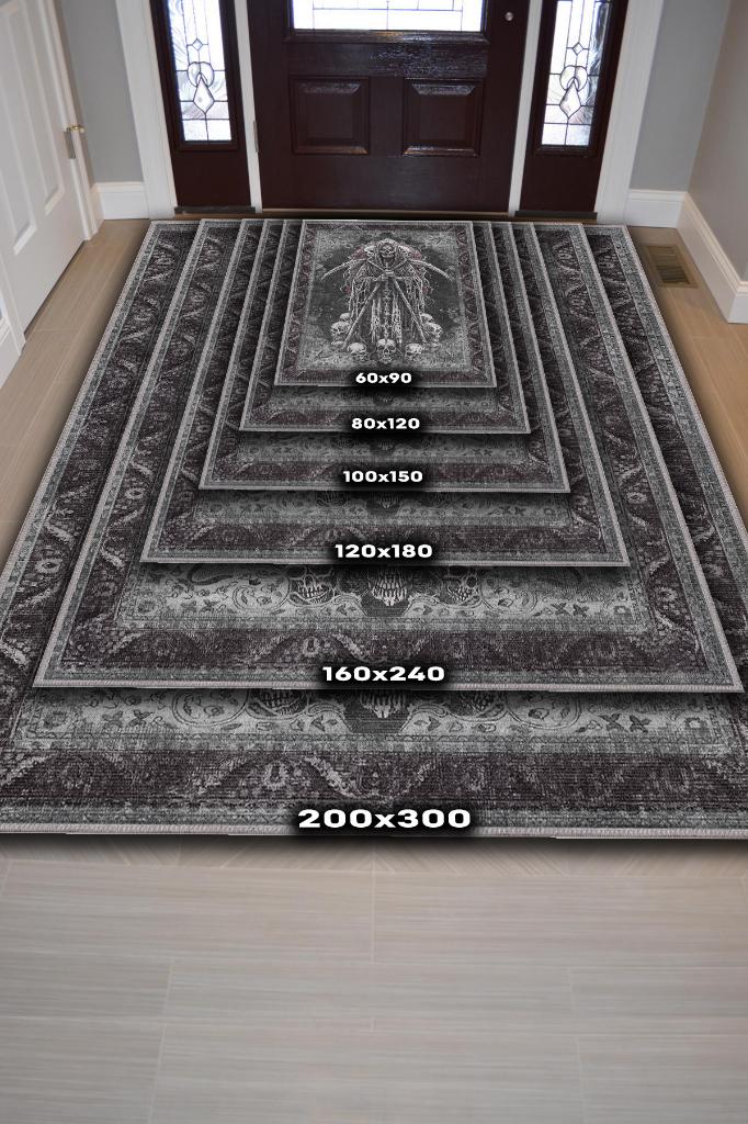 KuruKafa Figürlü Korku Temalı Salon Halı Siyah Gri Renk Halı Gotik Korku Sanatı Konsept Halı