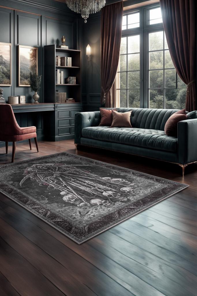 KuruKafa Figürlü Korku Temalı Salon Halı Siyah Gri Renk Halı Gotik Korku Sanatı Konsept Halı