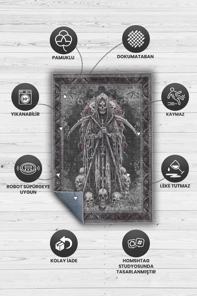 KuruKafa Figürlü Korku Temalı Salon Halı Siyah Gri Renk Halı Gotik Korku Sanatı Konsept Halı
