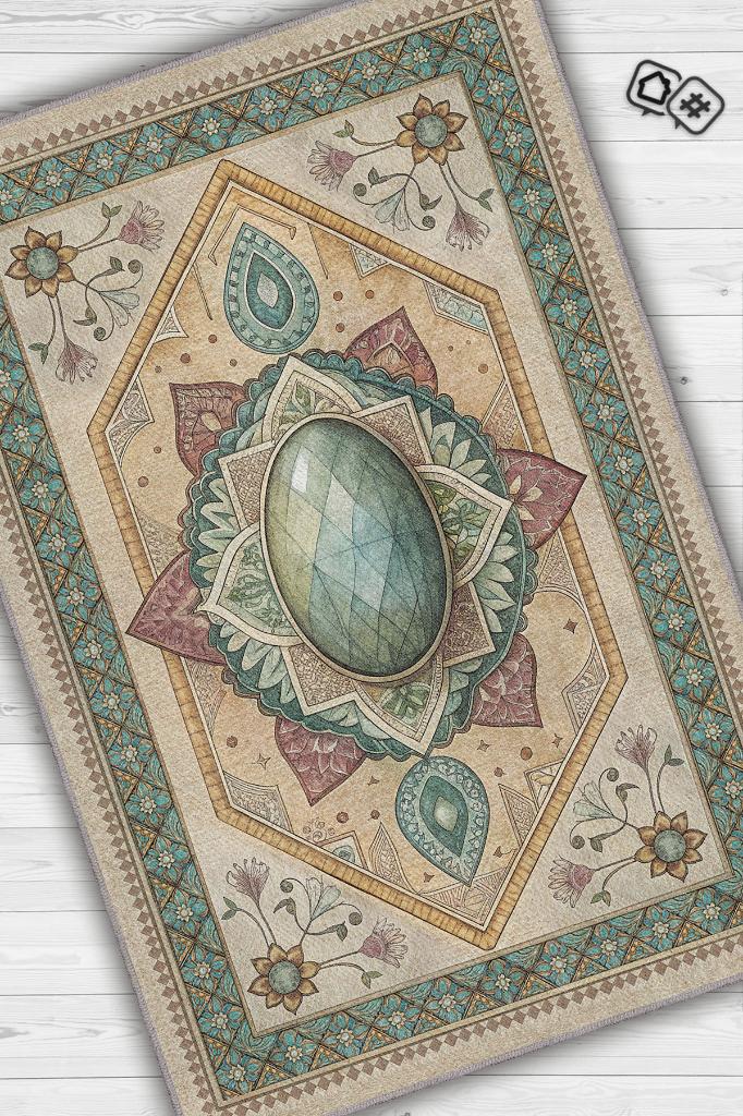 Labradorit Taşı Halısı Yeşil Renkli Enerji Taşı Figürlü Halı Spiritüel Temalı Modern Halı