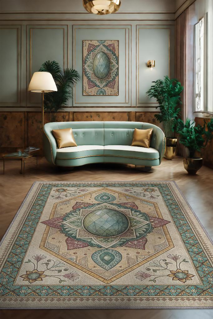 Labradorit Taşı Halısı Yeşil Renkli Enerji Taşı Figürlü Halı Spiritüel Temalı Modern Halı