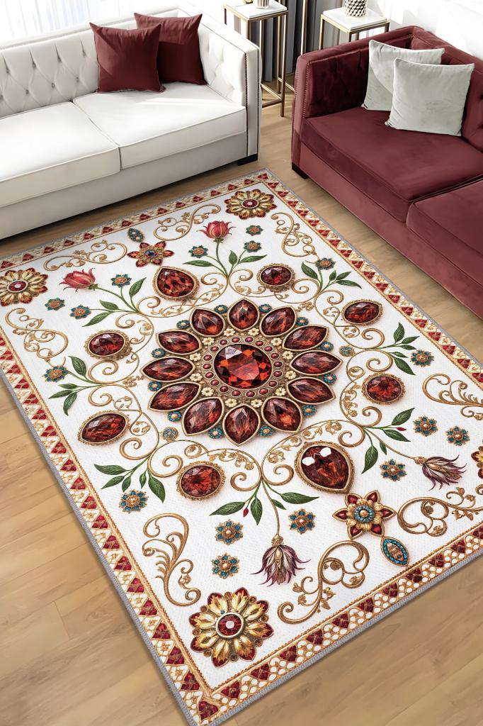 Lal Taşı Halısı Kırmızı Renkli Enerji Taşı Figürlü Halı Spiritüel Temalı Modern Halı